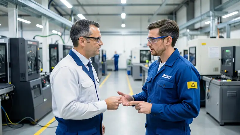 Quality inspector in an aerospace machine shop measuring a precision aluminum part beside a CMM, with an inspection report on a tablet